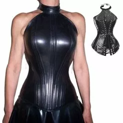 Carmen Corsets Carmen Fetisj Zwart Lederen Bovenborst Korset Met (halter) A-lijn En Lamslederen Voering