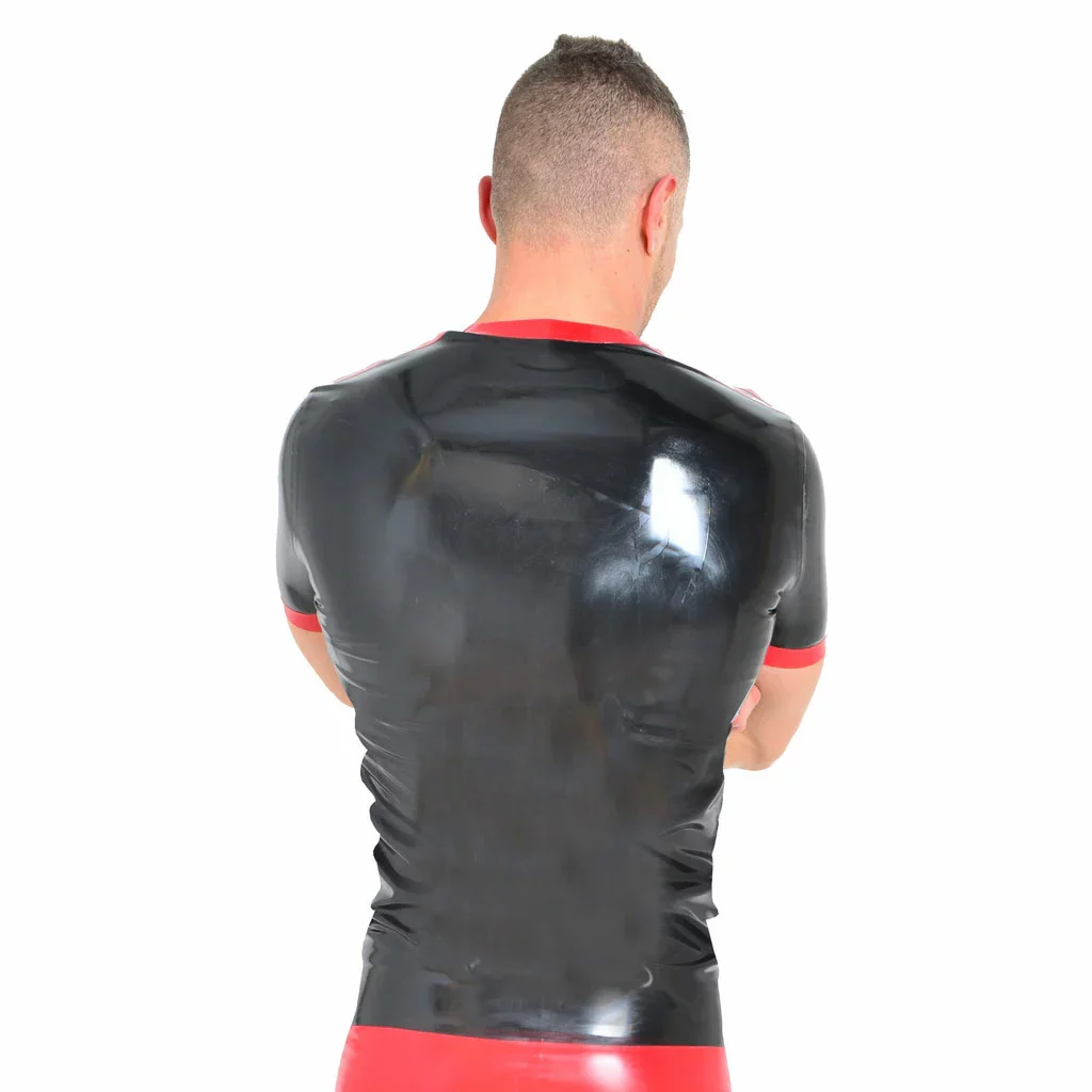 Honour Fetish Wear Latex Heren T-shirt Met Ronde Hals En Strepen, Zwart En Rood Van Honour 2 Honour Fetish Wear Latex Heren T-shirt Met Ronde Hals En Strepen, Zwart En Rood Van Honour - Afbeelding 2